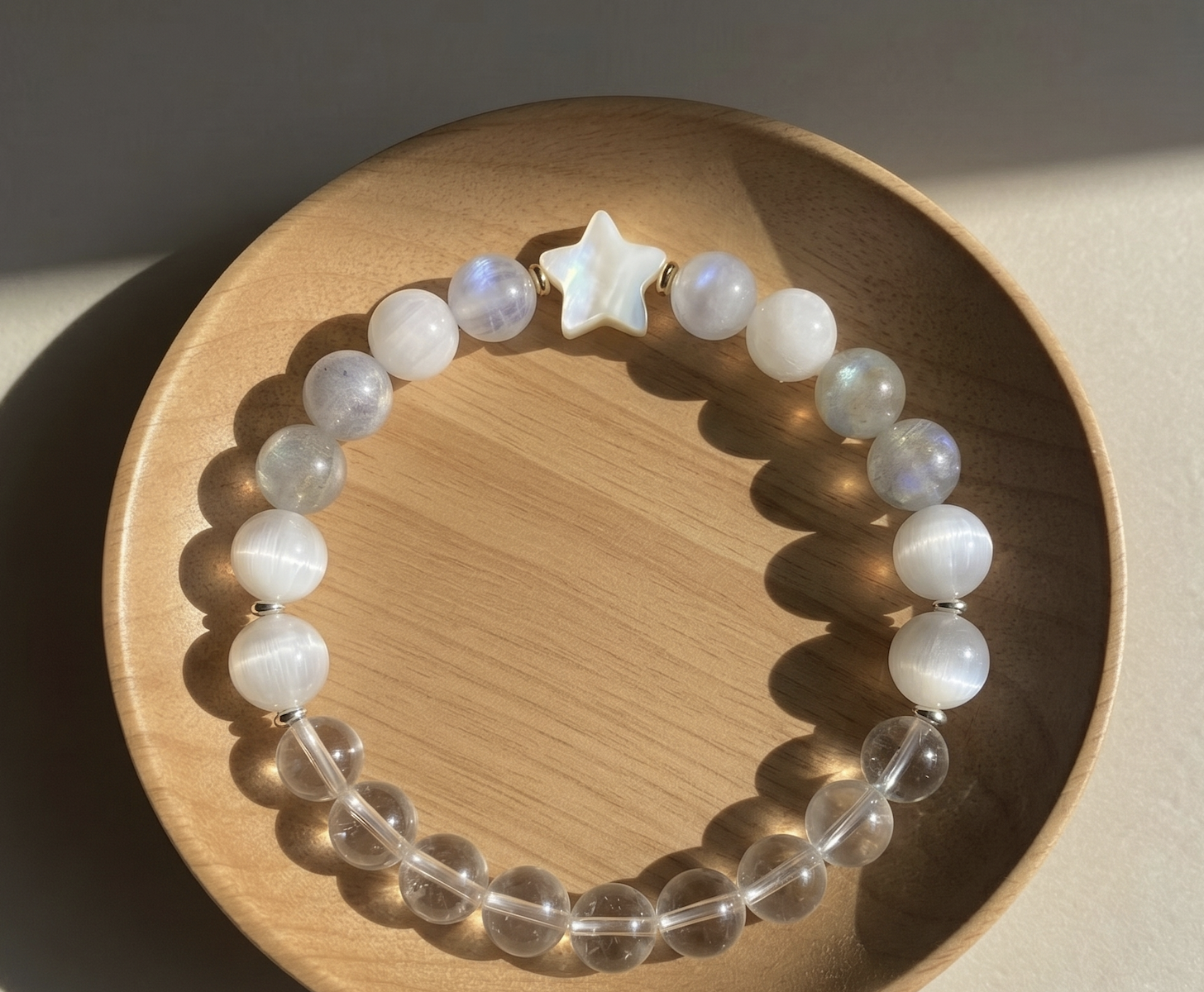 Healing Bracelet for Energy Shielding & Spiritual Clarity- Natural Silver & Golden Obsidian, Clear Quartz, Blue Moonstone & Selenite - 8mm