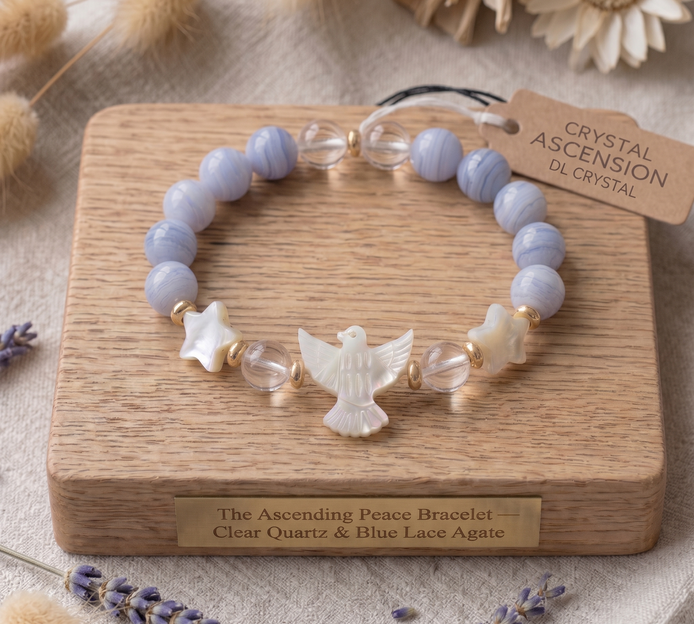 "Serenity Soars" Blue Lace Agate Peace Dove & Clear Quartz Intuition Bracelet for Inner Harmony