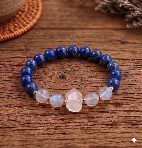 "The Empress Oracle" 8mm-Lapis Lazuli & Blue Moonstone Bracelet with Clear Quartz Cluster- Natural Healing Crystals for Wisdom, Intuition & Clarity