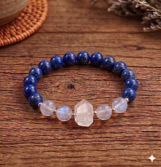 "The Empress Oracle" 8mm-Lapis Lazuli & Blue Moonstone Bracelet with Clear Quartz Cluster- Natural Healing Crystals for Wisdom, Intuition & Clarity