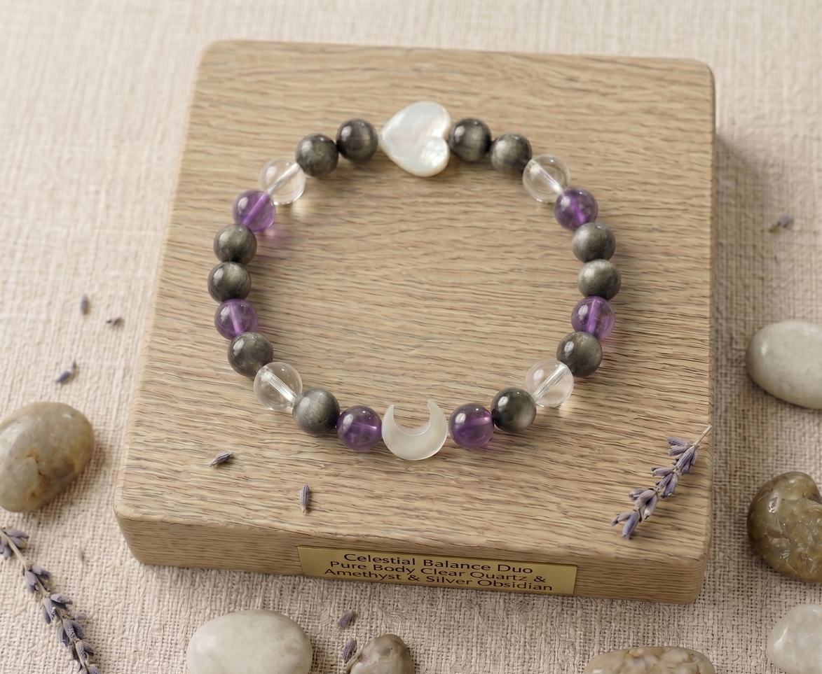 "Celestial Balance Duo" Moon & Heart Crystal Bracelet – Natural Amethyst, Silver Obsidian & Clear Quartz for Intuition