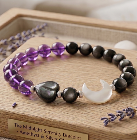 Eclipse of the Heart" Amethyst & Silver Obsidian Bracelet - Natural Healing Crystals with White Shell Moon & Black Shell Heart - 8mm Protection Jewelry
