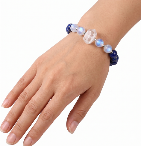 "The Empress Oracle" 8mm-Lapis Lazuli & Blue Moonstone Bracelet with Clear Quartz Cluster- Natural Healing Crystals for Wisdom, Intuition & Clarity