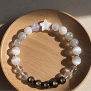Healing Bracelet for Energy Shielding & Spiritual Clarity- Natural Silver & Golden Obsidian, Clear Quartz, Blue Moonstone & Selenite - 8mm
