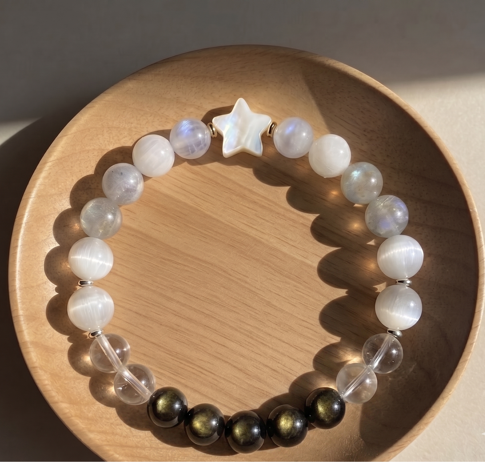 Healing Bracelet for Energy Shielding & Spiritual Clarity- Natural Silver & Golden Obsidian, Clear Quartz, Blue Moonstone & Selenite - 8mm
