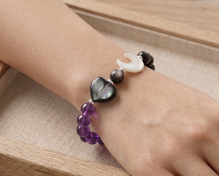 Eclipse of the Heart" Amethyst & Silver Obsidian Bracelet - Natural Healing Crystals with White Shell Moon & Black Shell Heart - 8mm Protection Jewelry