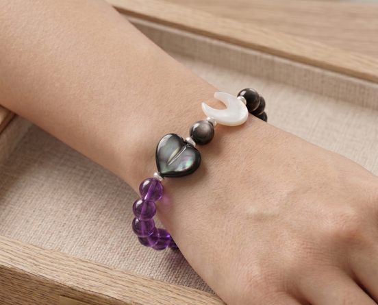 Eclipse of the Heart" Amethyst & Silver Obsidian Bracelet - Natural Healing Crystals with White Shell Moon & Black Shell Heart - 8mm Protection Jewelry
