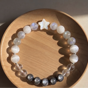 Healing Bracelet for Energy Shielding & Spiritual Clarity- Natural Silver & Golden Obsidian, Clear Quartz, Blue Moonstone & Selenite - 8mm