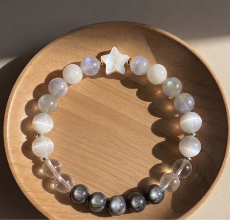 Healing Bracelet for Energy Shielding & Spiritual Clarity- Natural Silver & Golden Obsidian, Clear Quartz, Blue Moonstone & Selenite - 8mm